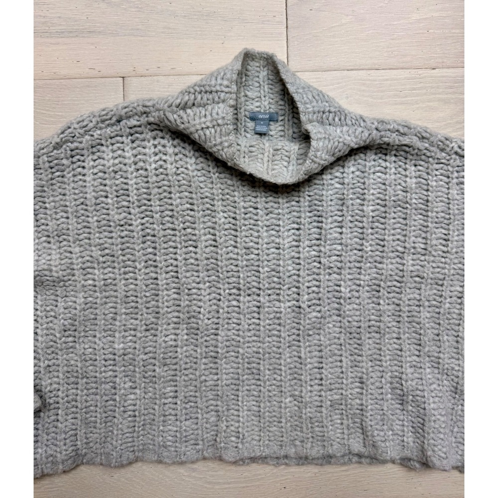 Aerie Gray Chunky Oversized Ribbed Mock Neck Cropped Sweater Womens Medium